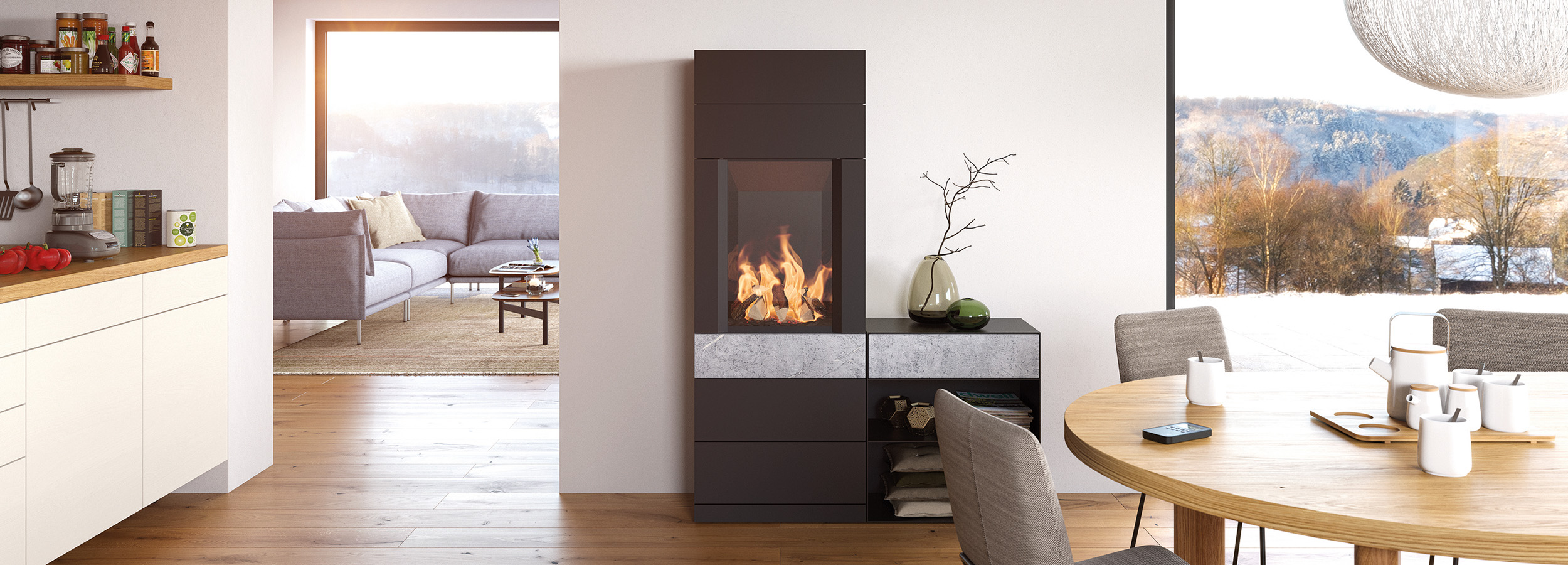 HASE Gaskaminofen Zerbo 160 Speckstein schwarz modernes Wohnraumbild