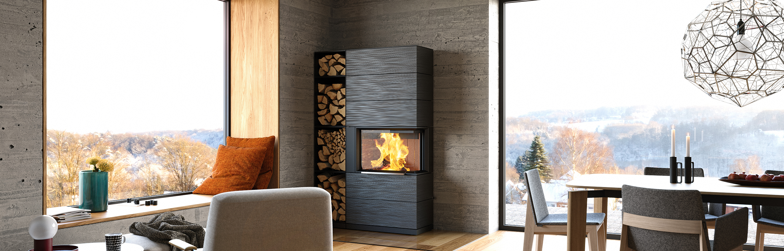 HASE Kaminofen Padua 185 Keramik Meteorit mit Holzregal Wohnraumbild