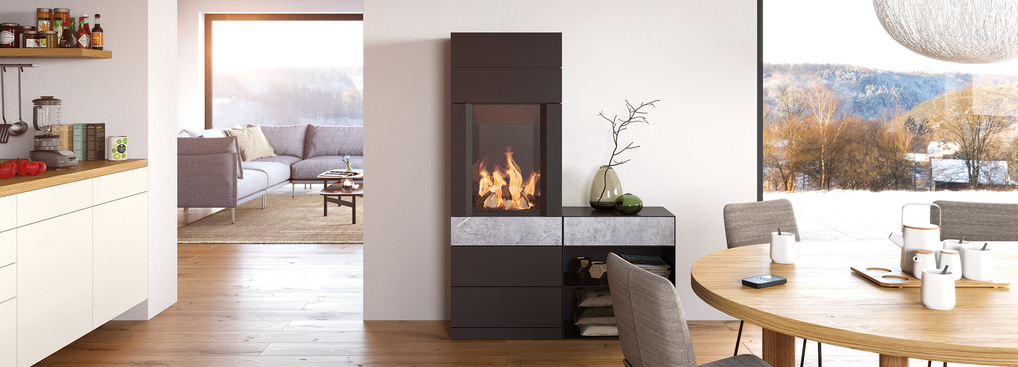 HASE Gaskaminofen Zerbo 160 Speckstein schwarz modernes Wohnraumbild